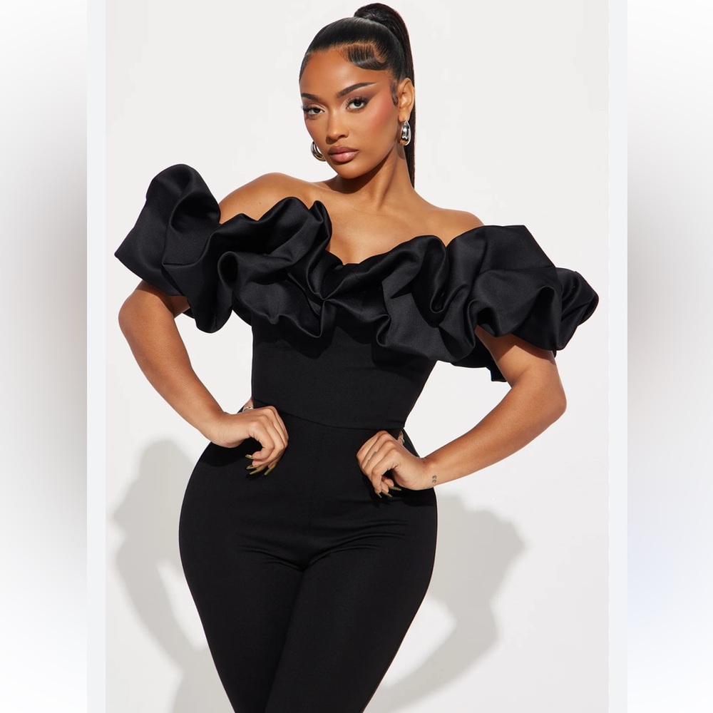 Ruffle Affair Jumpsuit - Black by Fashion Nova Black Puff Sleeve Jumpsuit